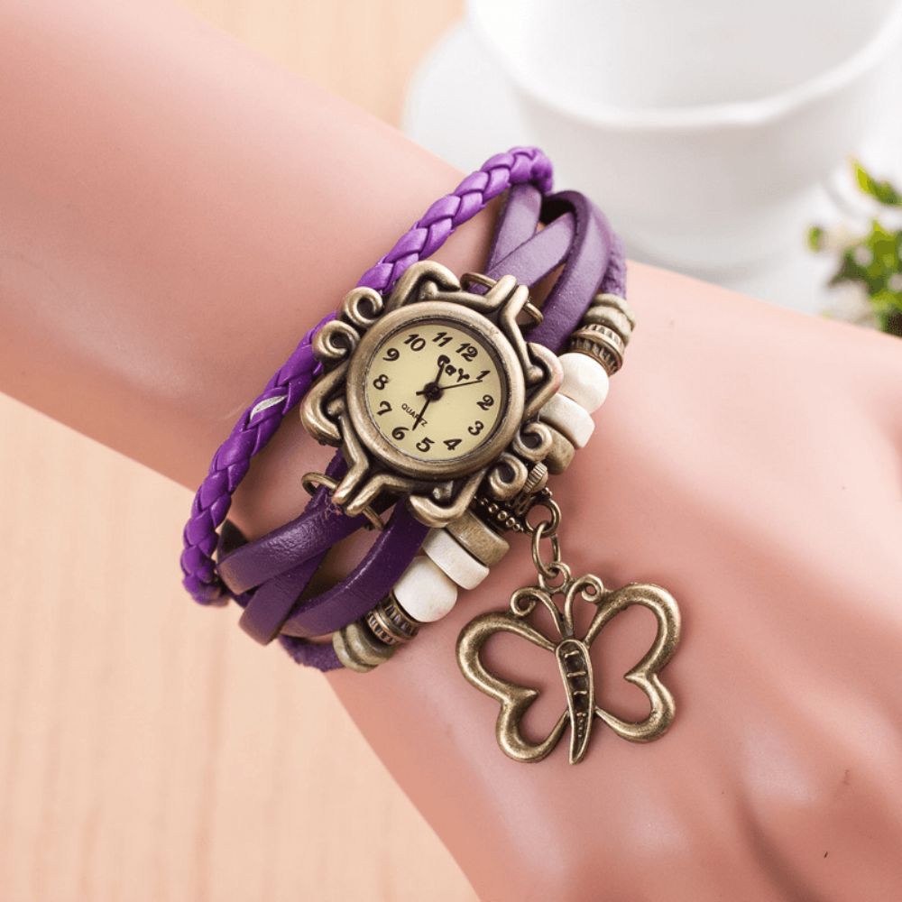 Dolaor Multilayer Vintage Dames Horloge Hollow Butterfly Hanger Lederen Retro Armband Horloge