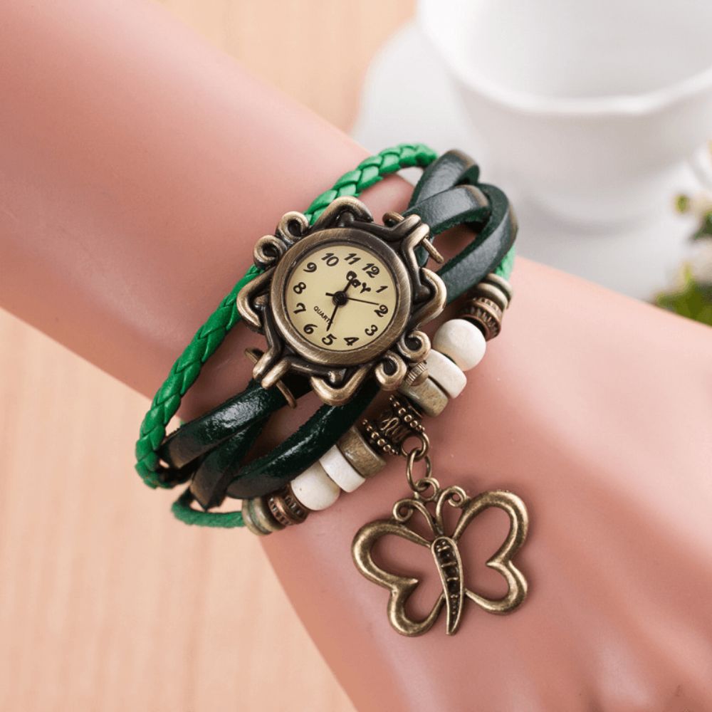 Dolaor Multilayer Vintage Dames Horloge Hollow Butterfly Hanger Lederen Retro Armband Horloge