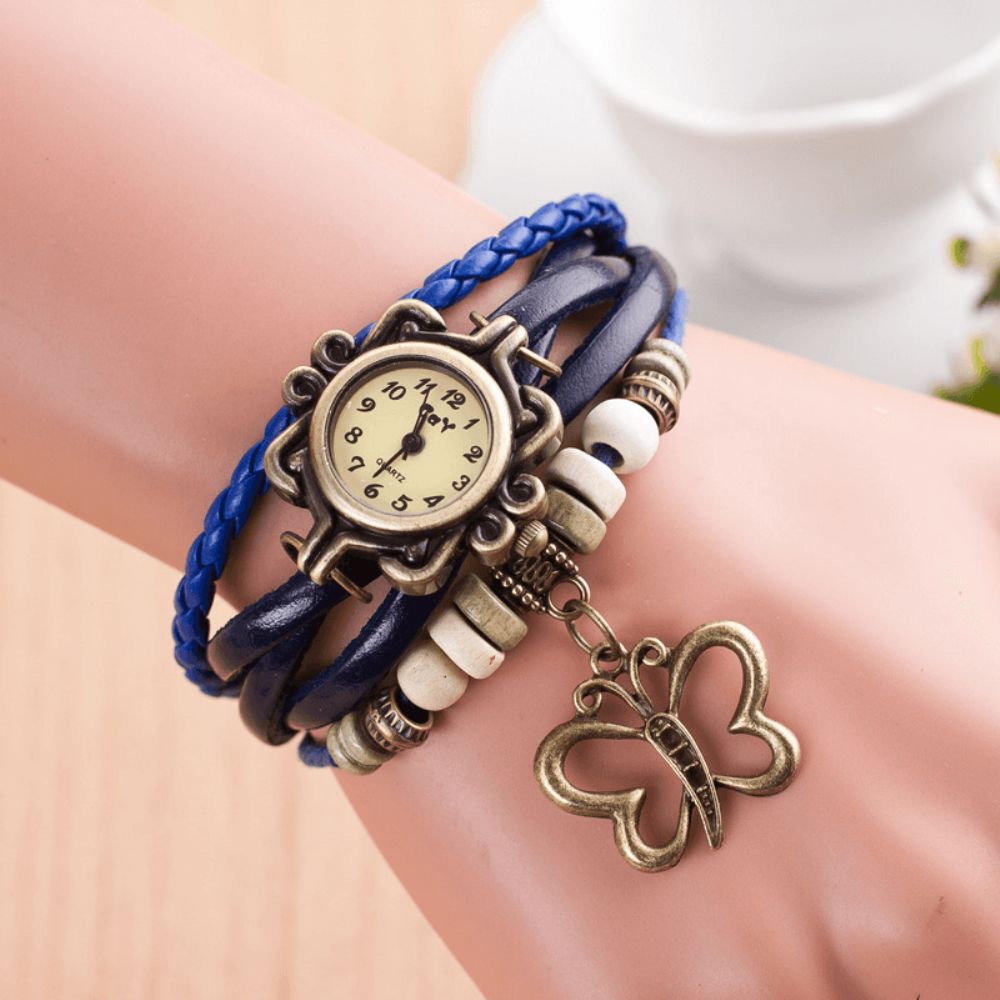 Dolaor Multilayer Vintage Dames Horloge Hollow Butterfly Hanger Lederen Retro Armband Horloge