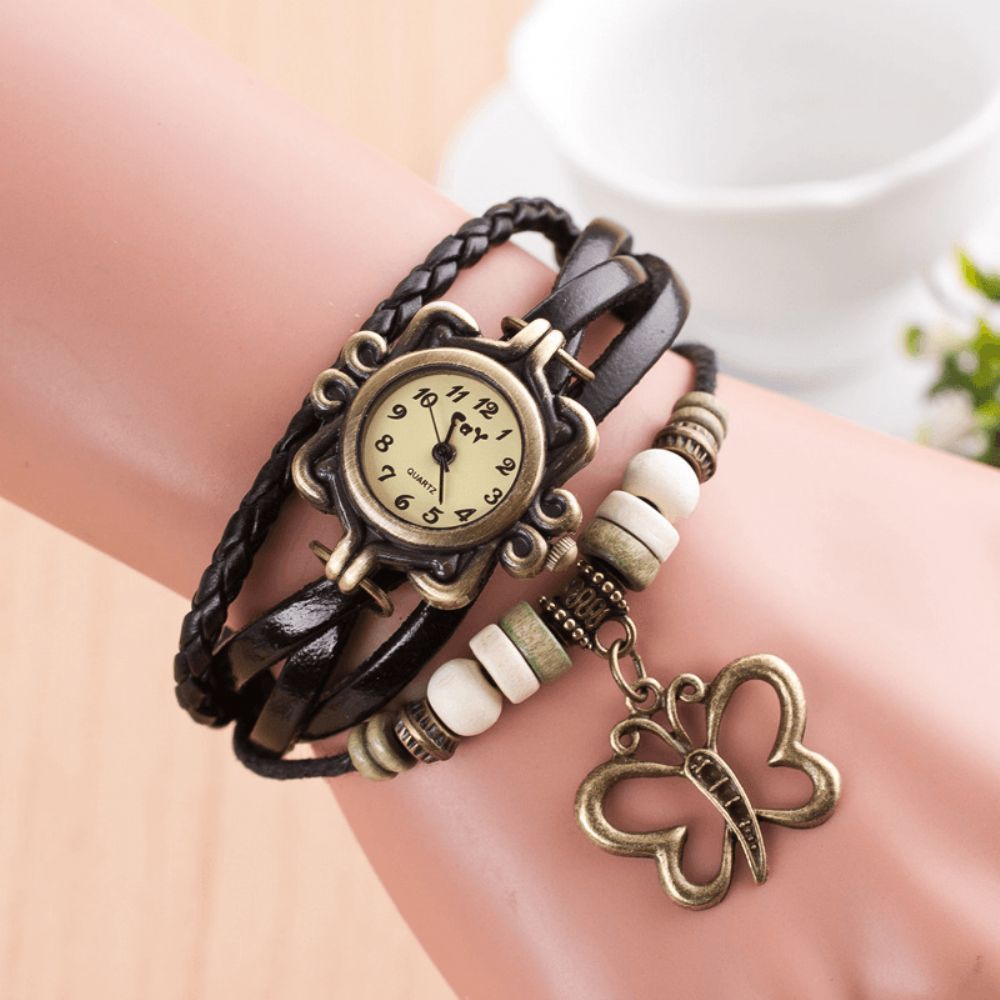 Dolaor Multilayer Vintage Dames Horloge Hollow Butterfly Hanger Lederen Retro Armband Horloge