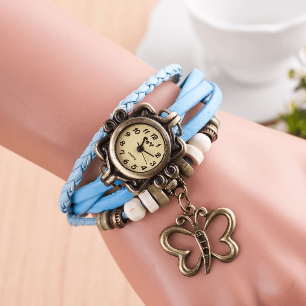 Dolaor Multilayer Vintage Dames Horloge Hollow Butterfly Hanger Lederen Retro Armband Horloge