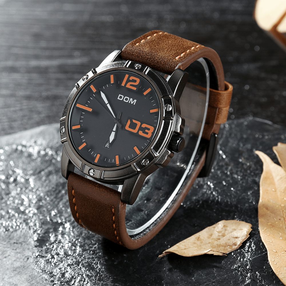 Dom Heren Luxe Sport Horloge Heren Horloge Lederen Band Zakelijk Waterdicht Quartz Horloge