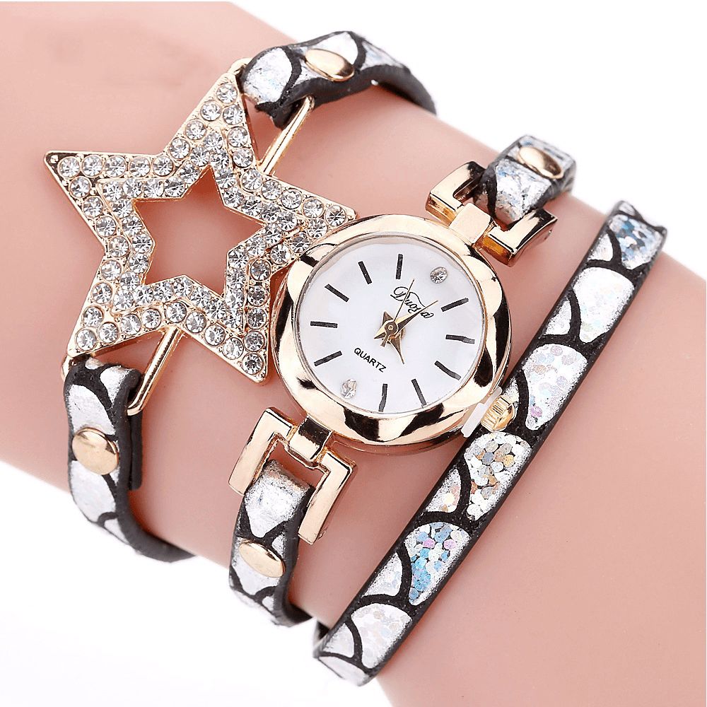 Duoya 328 Vijfpuntige Ster Retro Stijl Dames Armband Horloge Lederen Band Quartz Horloge