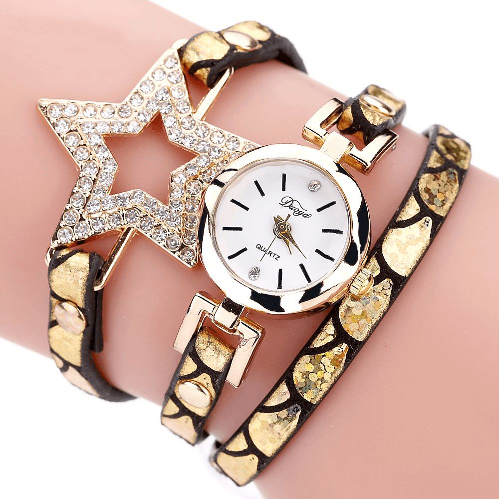 Duoya 328 Vijfpuntige Ster Retro Stijl Dames Armband Horloge Lederen Band Quartz Horloge