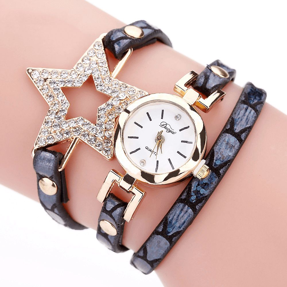 Duoya 328 Vijfpuntige Ster Retro Stijl Dames Armband Horloge Lederen Band Quartz Horloge