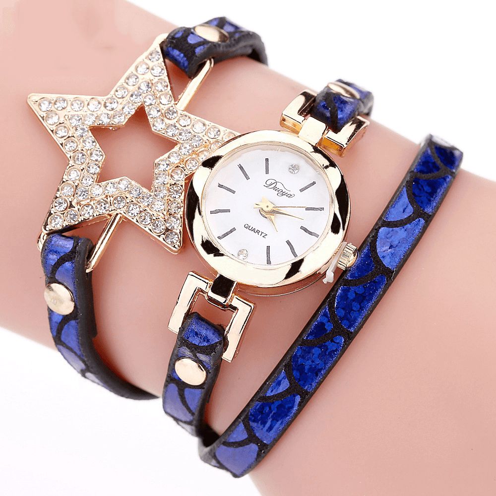 Duoya 328 Vijfpuntige Ster Retro Stijl Dames Armband Horloge Lederen Band Quartz Horloge