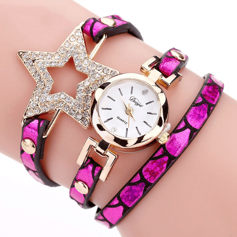 Duoya 328 Vijfpuntige Ster Retro Stijl Dames Armband Horloge Lederen Band Quartz Horloge