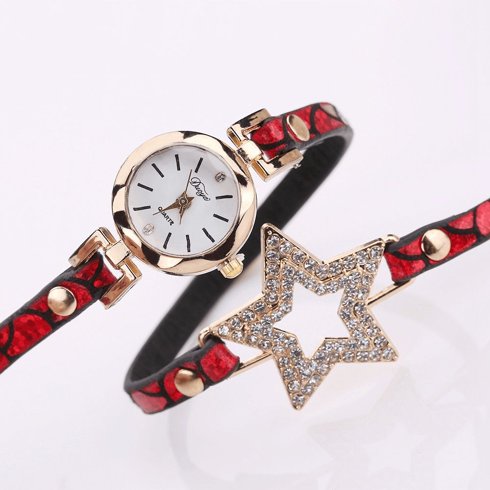 Duoya 328 Vijfpuntige Ster Retro Stijl Dames Armband Horloge Lederen Band Quartz Horloge