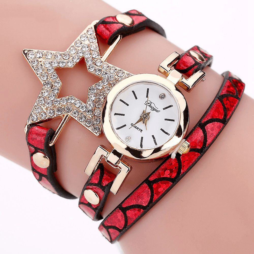 Duoya 328 Vijfpuntige Ster Retro Stijl Dames Armband Horloge Lederen Band Quartz Horloge