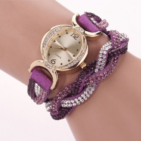 Duoya D014 Strass Elegant Dameshorloge Lederen Band Armband Horloges