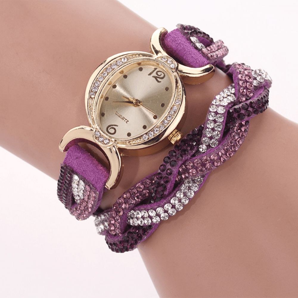 Duoya D014 Strass Elegant Dameshorloge Lederen Band Armband Horloges