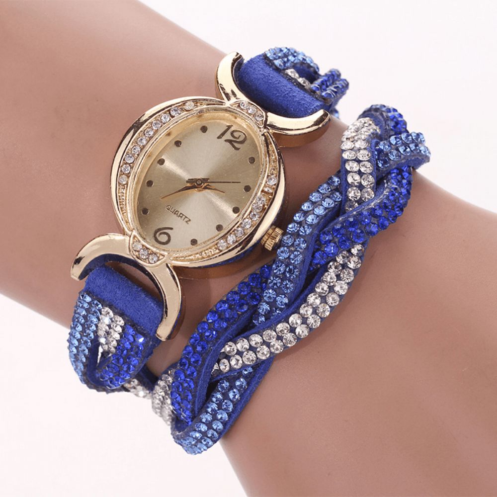 Duoya D014 Strass Elegant Dameshorloge Lederen Band Armband Horloges