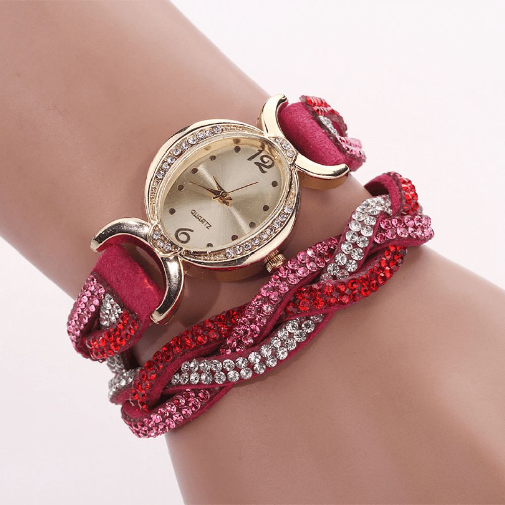 Duoya D014 Strass Elegant Dameshorloge Lederen Band Armband Horloges