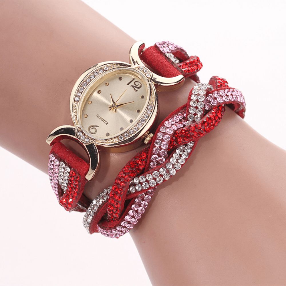 Duoya D014 Strass Elegant Dameshorloge Lederen Band Armband Horloges