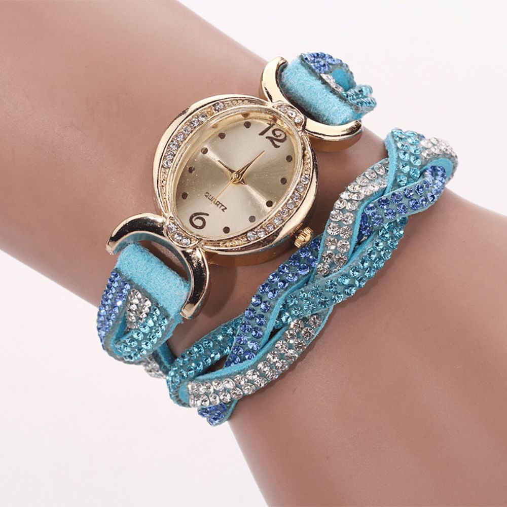 Duoya D014 Strass Elegant Dameshorloge Lederen Band Armband Horloges