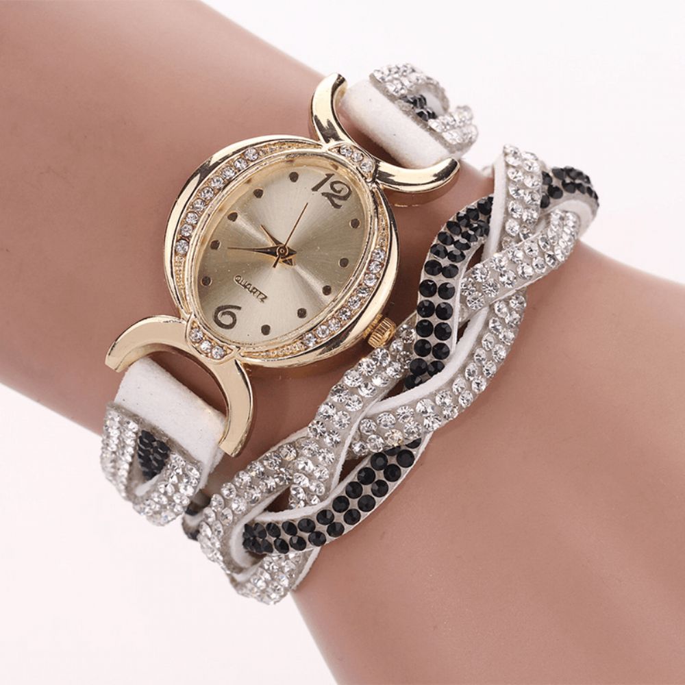 Duoya D014 Strass Elegant Dameshorloge Lederen Band Armband Horloges