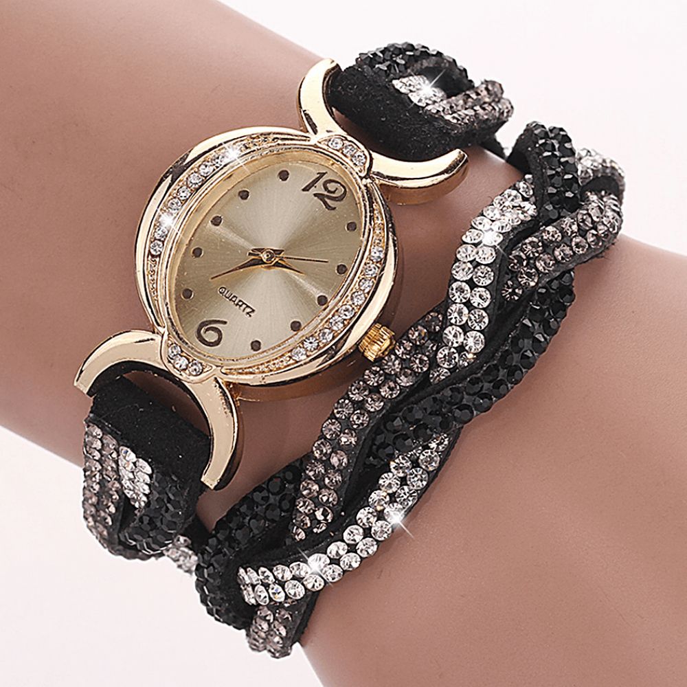 Duoya D014 Strass Elegant Dameshorloge Lederen Band Armband Horloges