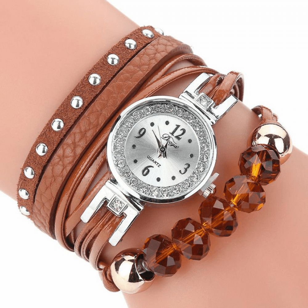 Duoya D214 Crystal Casual Style Dames Armband Horloge Cadeau Lederen Band Quartz Horloge