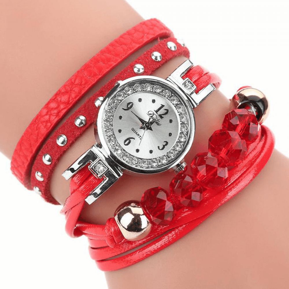 Duoya D214 Crystal Casual Style Dames Armband Horloge Cadeau Lederen Band Quartz Horloge