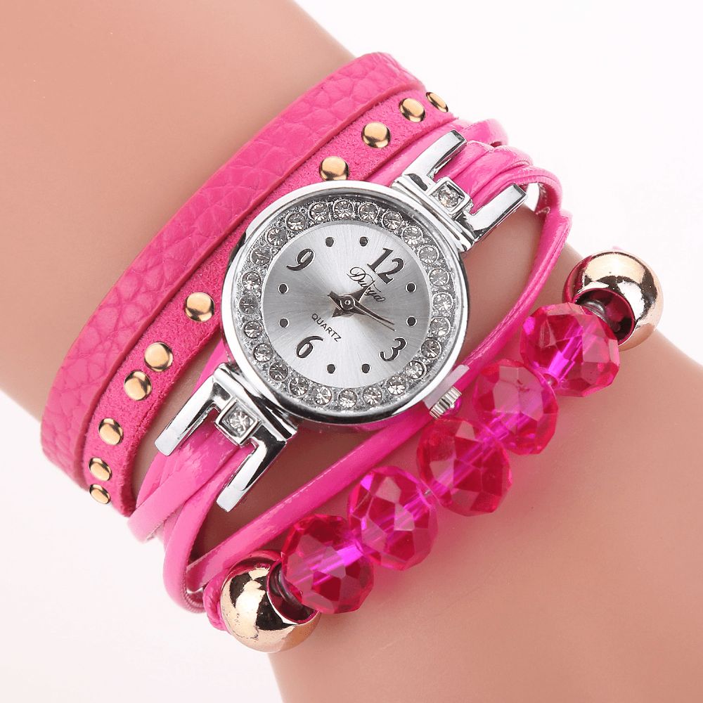 Duoya D214 Crystal Casual Style Dames Armband Horloge Cadeau Lederen Band Quartz Horloge