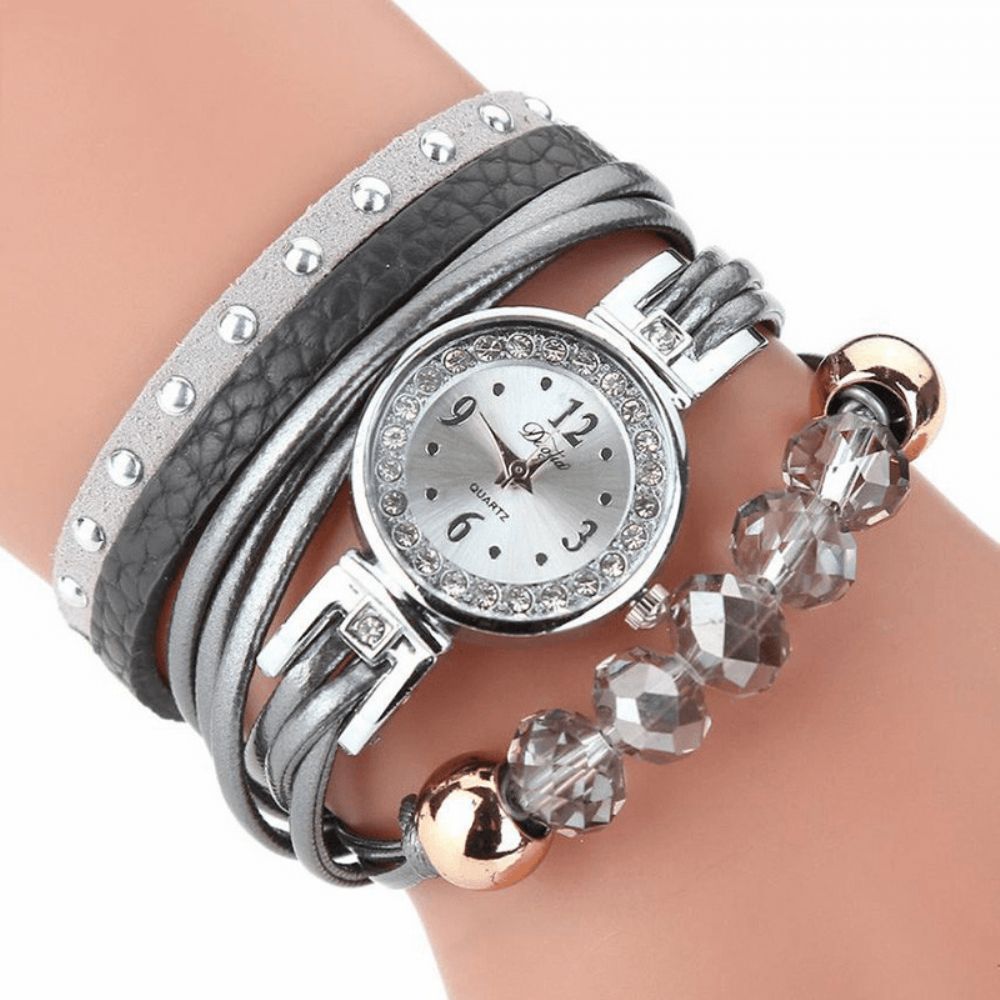 Duoya D214 Crystal Casual Style Dames Armband Horloge Cadeau Lederen Band Quartz Horloge