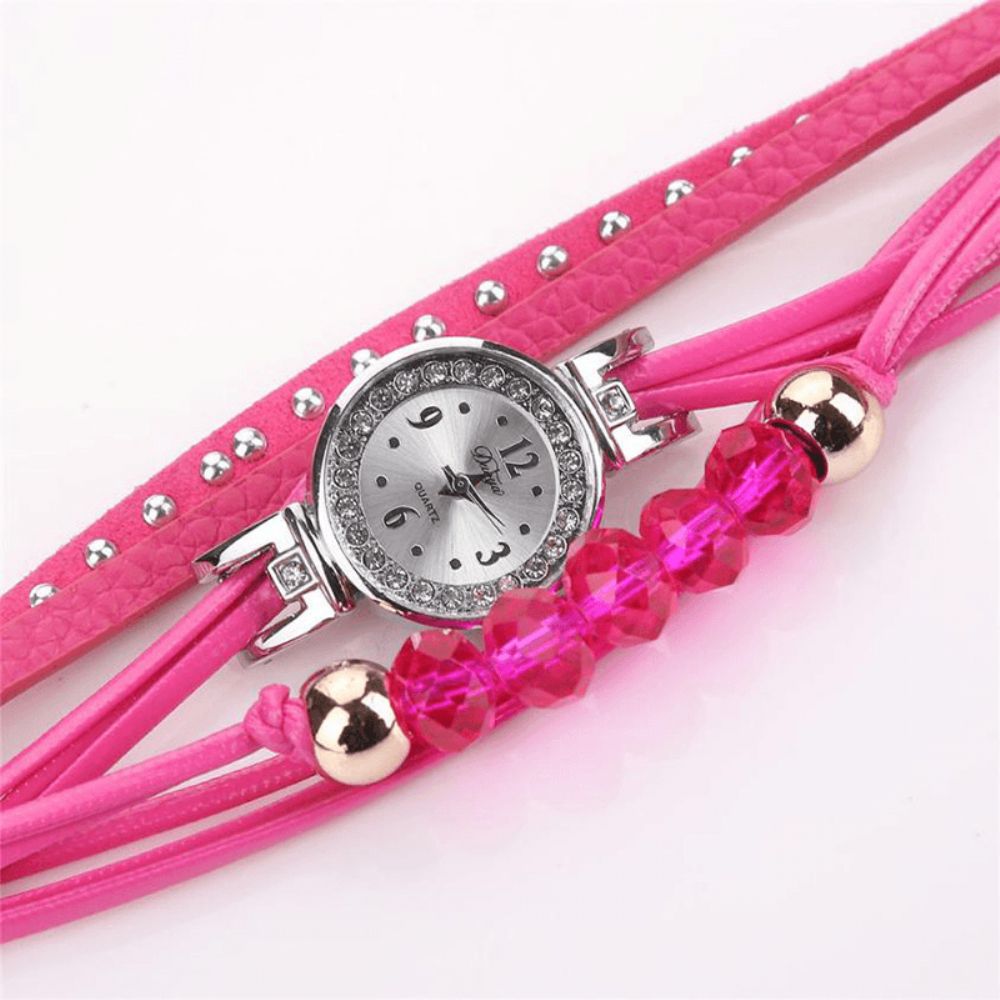 Duoya D214 Crystal Casual Style Dames Armband Horloge Cadeau Lederen Band Quartz Horloge