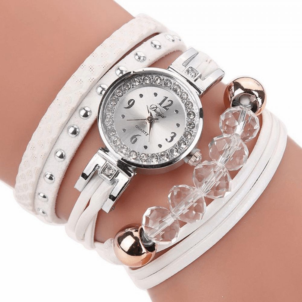 Duoya D214 Crystal Casual Style Dames Armband Horloge Cadeau Lederen Band Quartz Horloge