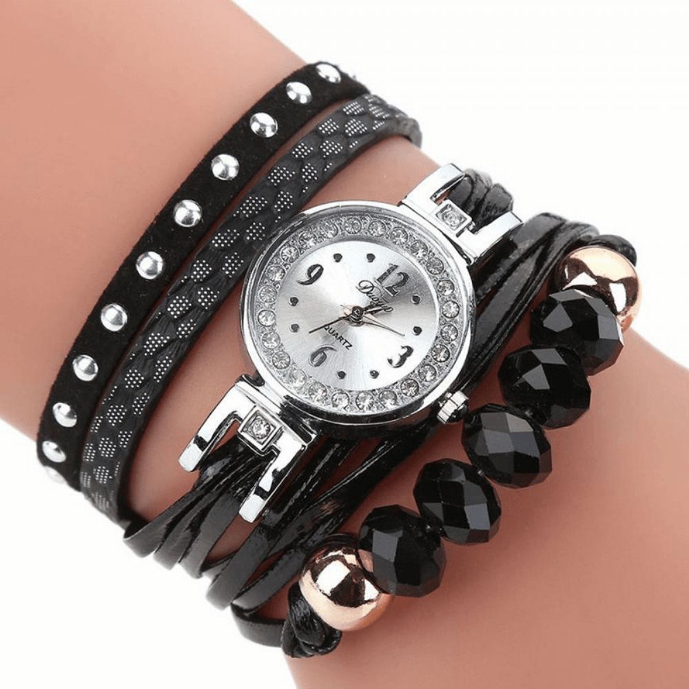 Duoya D214 Crystal Casual Style Dames Armband Horloge Cadeau Lederen Band Quartz Horloge