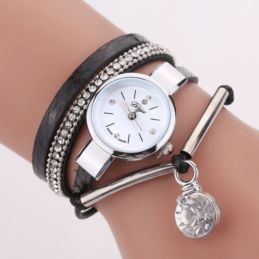 Duoya D254 Kristallen Hanger Dames Armband Horloge Retro Stijl Lederen Band Quartz Horloge