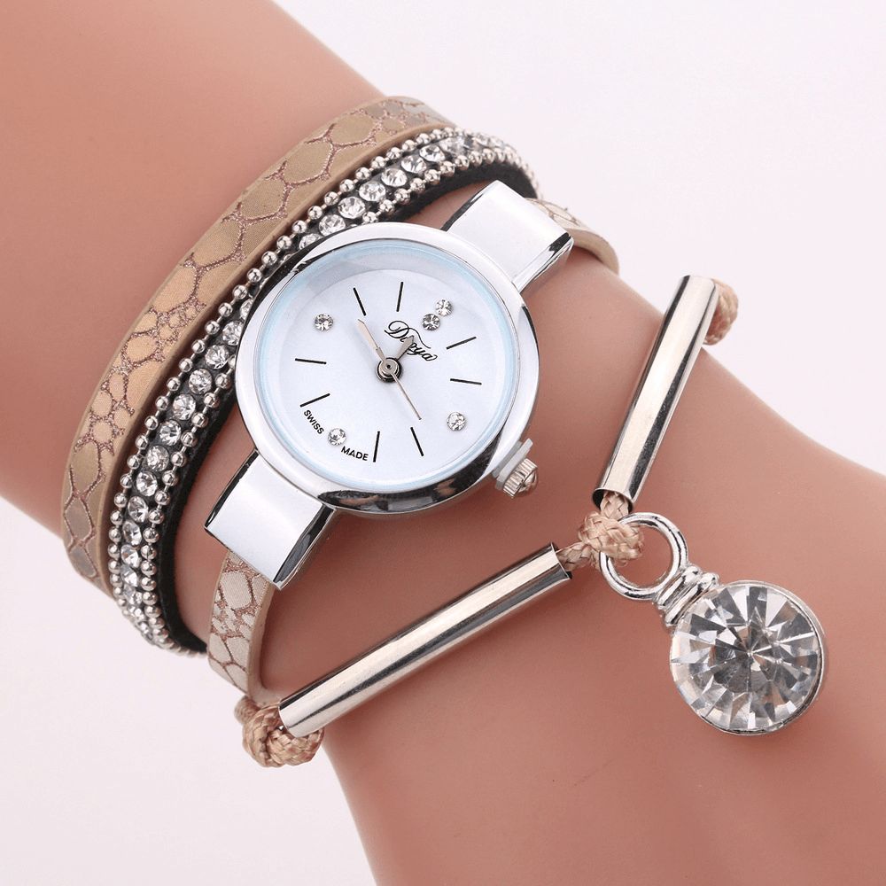 Duoya D254 Kristallen Hanger Dames Armband Horloge Retro Stijl Lederen Band Quartz Horloge