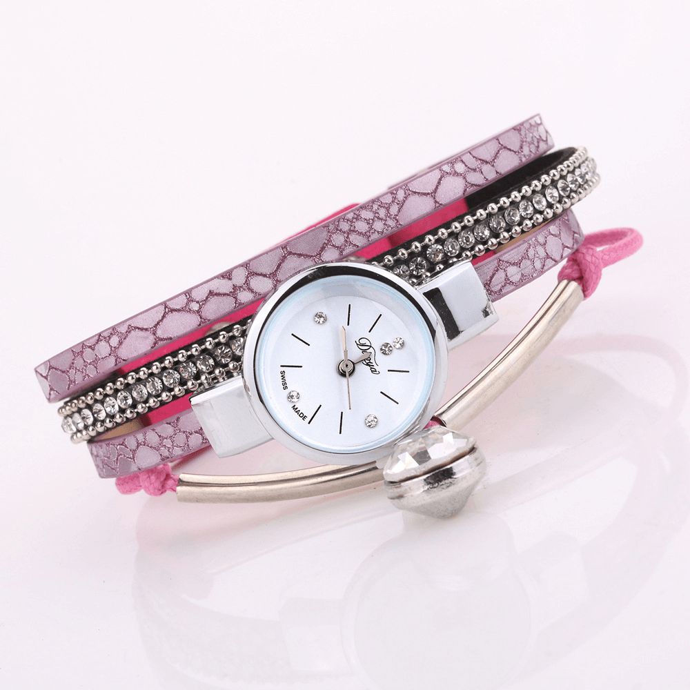 Duoya D254 Kristallen Hanger Dames Armband Horloge Retro Stijl Lederen Band Quartz Horloge