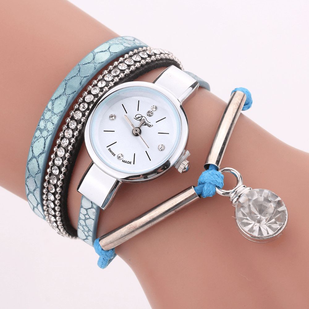 Duoya D254 Kristallen Hanger Dames Armband Horloge Retro Stijl Lederen Band Quartz Horloge