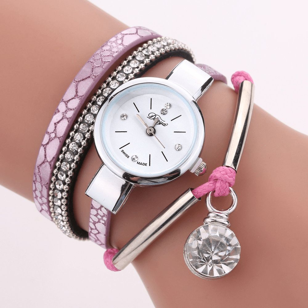 Duoya D254 Kristallen Hanger Dames Armband Horloge Retro Stijl Lederen Band Quartz Horloge