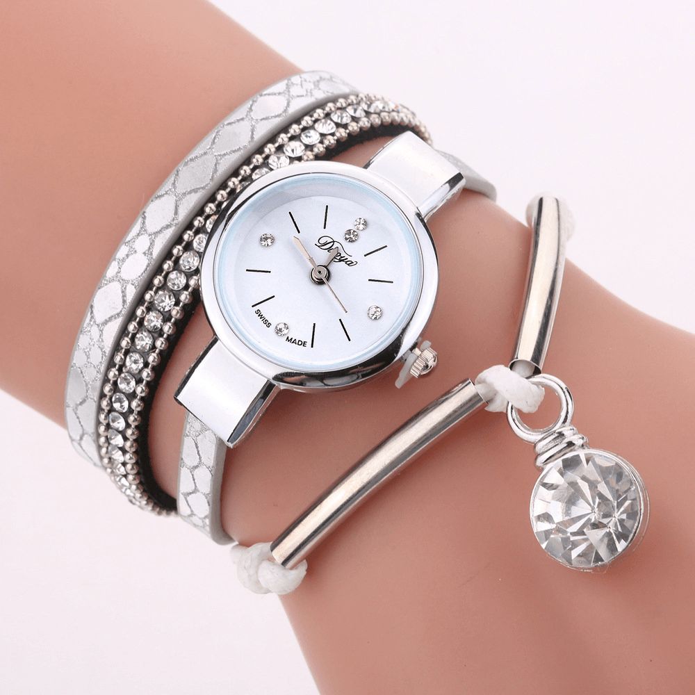 Duoya D254 Kristallen Hanger Dames Armband Horloge Retro Stijl Lederen Band Quartz Horloge