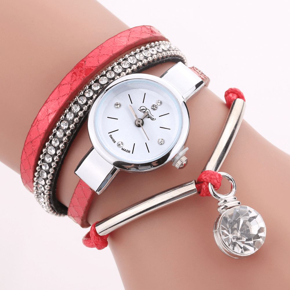 Duoya D254 Kristallen Hanger Dames Armband Horloge Retro Stijl Lederen Band Quartz Horloge