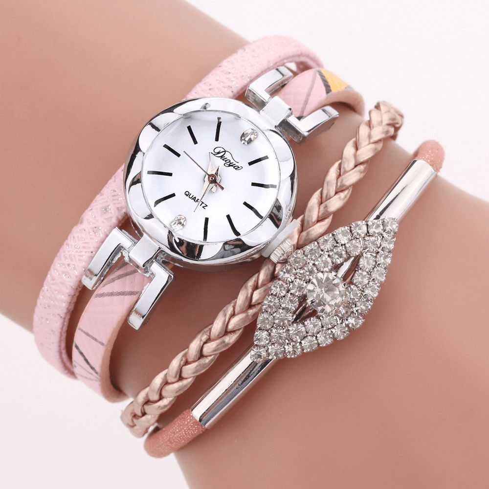 Duoya D256 Retro-Stijl Damesarmbandhorloge Diamond Gift Lederen Band Quartz Horloge