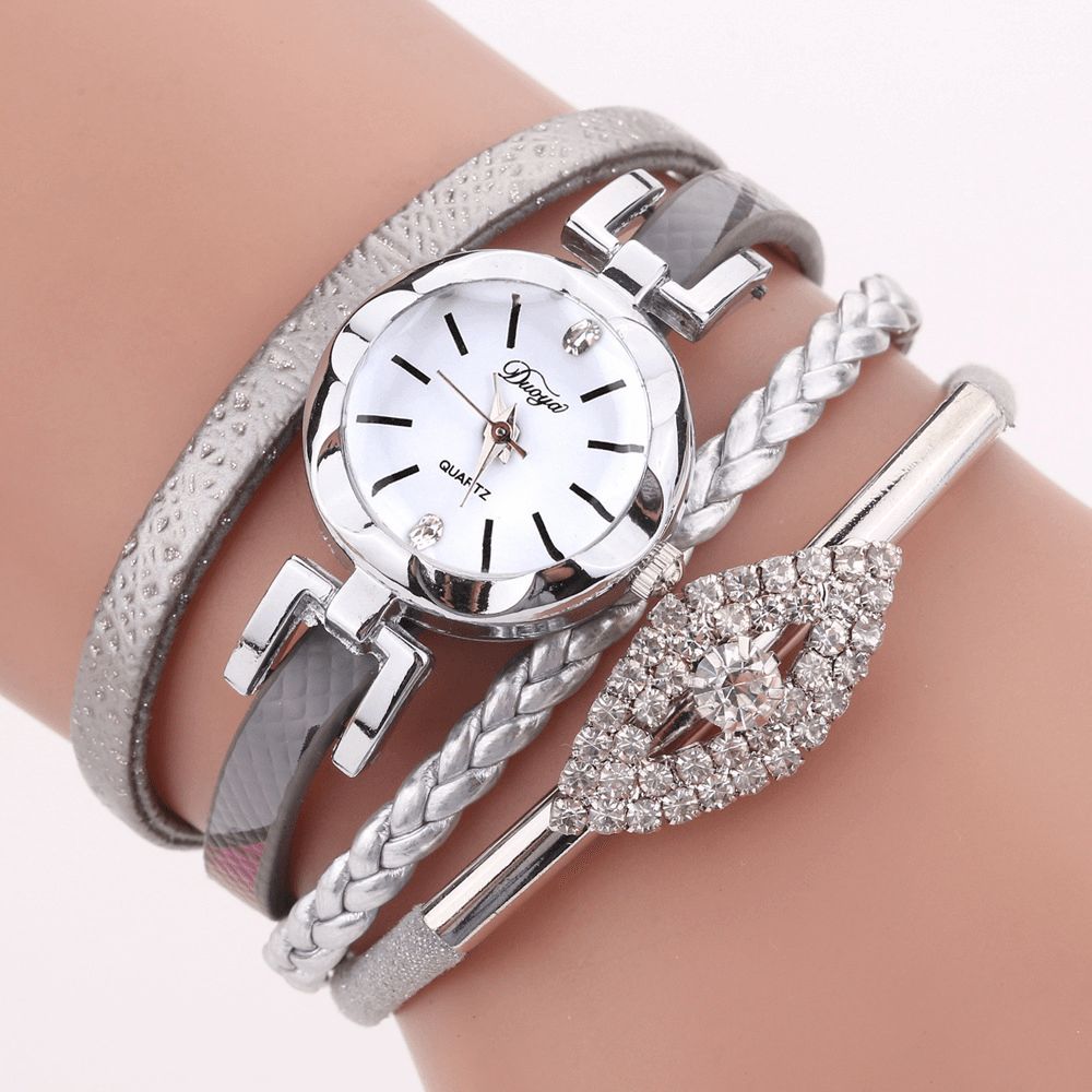 Duoya D256 Retro-Stijl Damesarmbandhorloge Diamond Gift Lederen Band Quartz Horloge