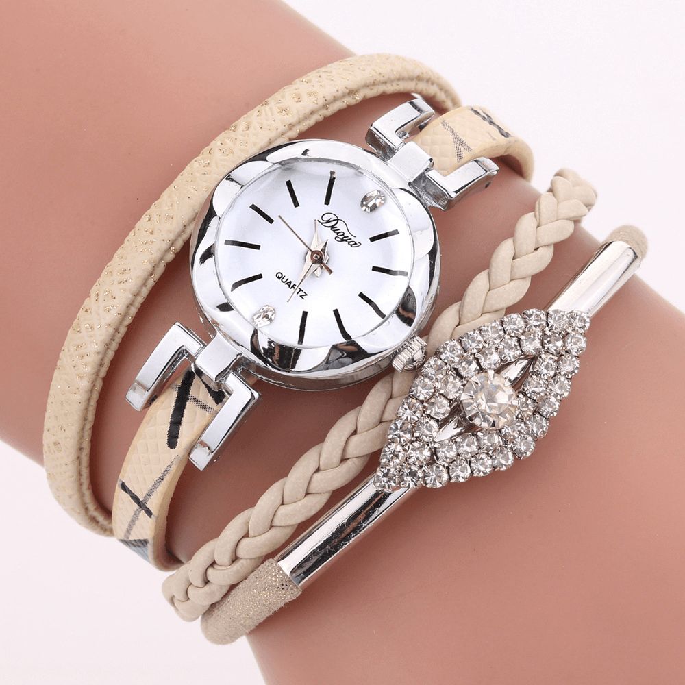 Duoya D256 Retro-Stijl Damesarmbandhorloge Diamond Gift Lederen Band Quartz Horloge