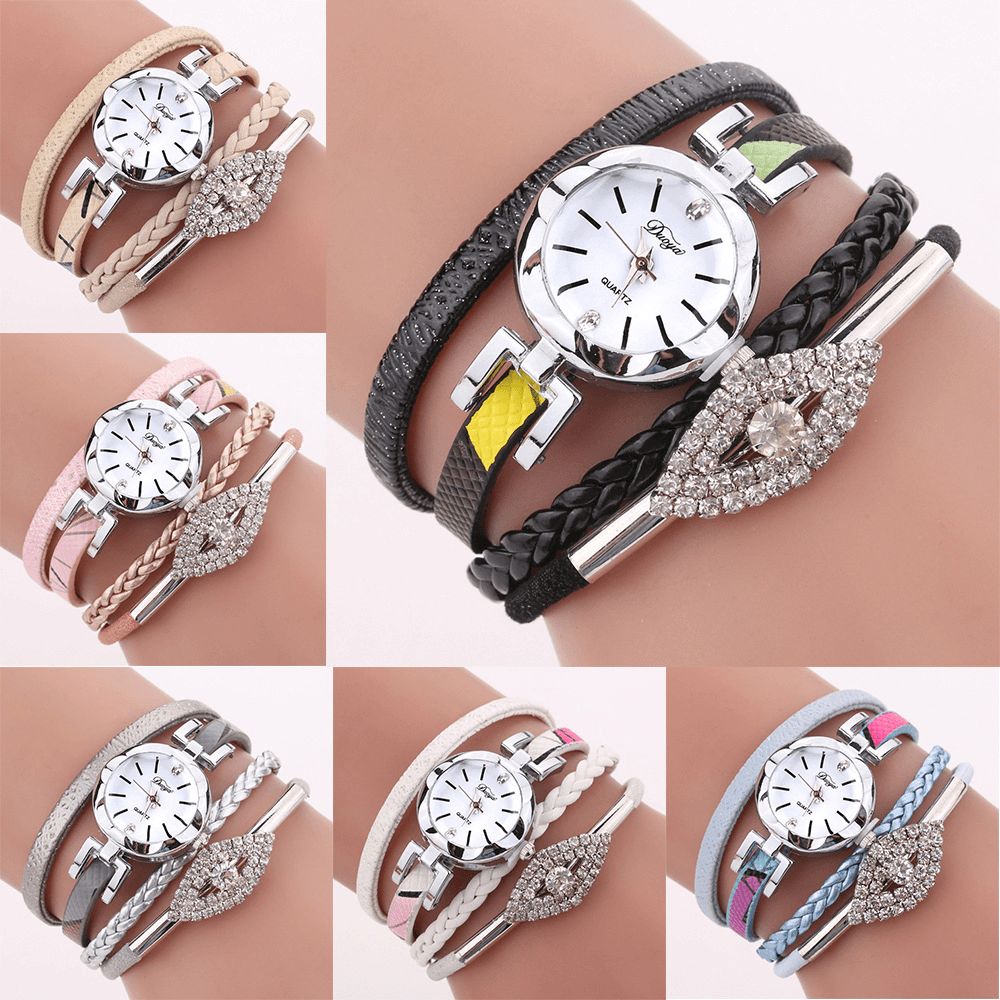 Duoya D256 Retro-Stijl Damesarmbandhorloge Diamond Gift Lederen Band Quartz Horloge