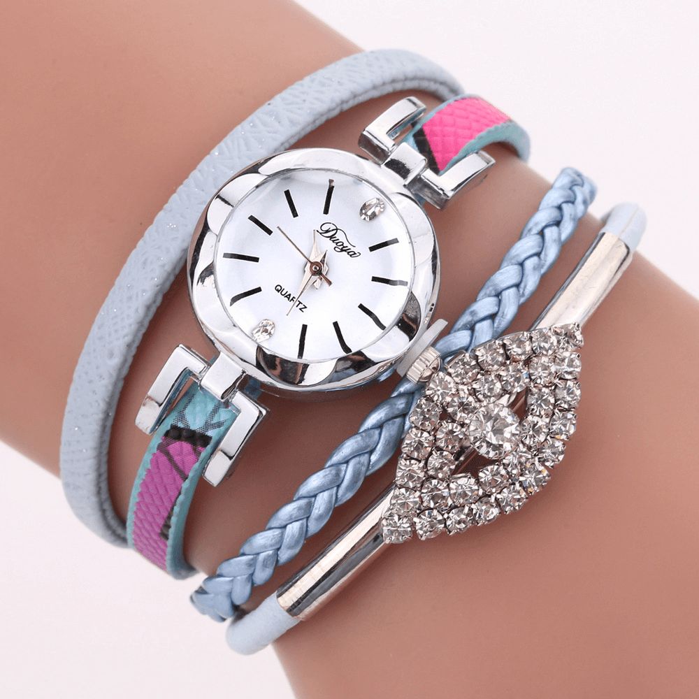 Duoya D256 Retro-Stijl Damesarmbandhorloge Diamond Gift Lederen Band Quartz Horloge