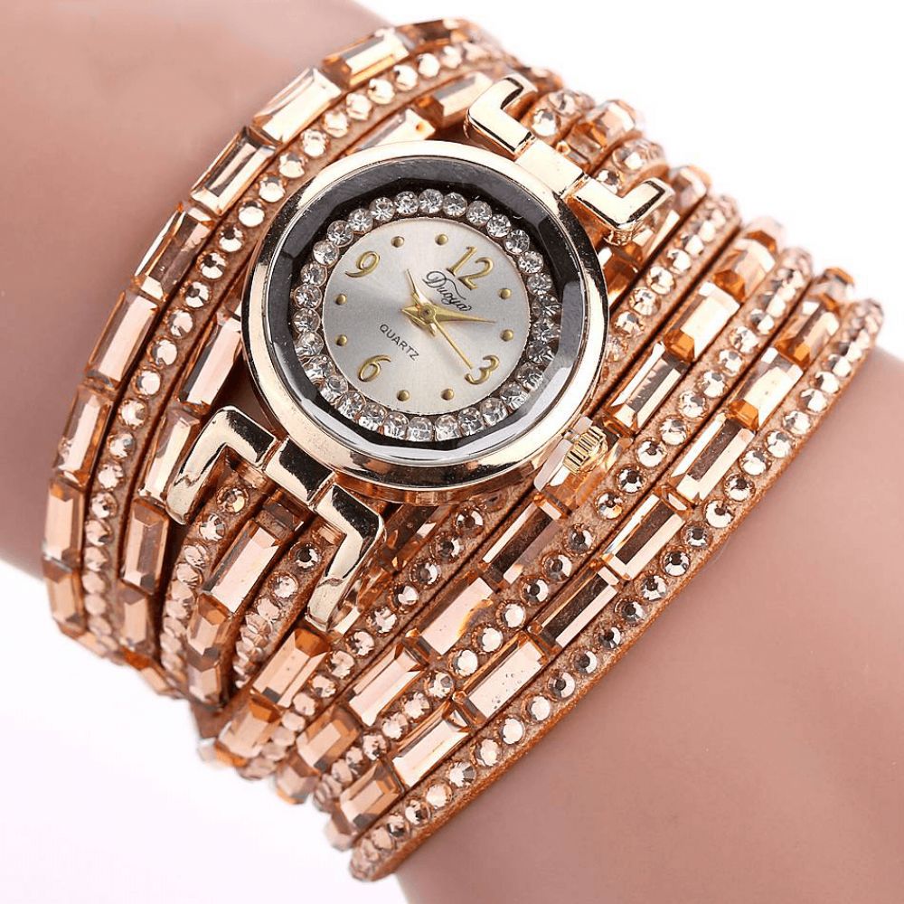 Duoya Dy004 Crystal Casual Stijl Dames Armband Horloge Gouden Kast Quartz Uurwerk Horloges