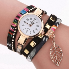 Duoya Dy066 Dames Armband Horloge Blad Stof Retro Stijl Quartz Horloges