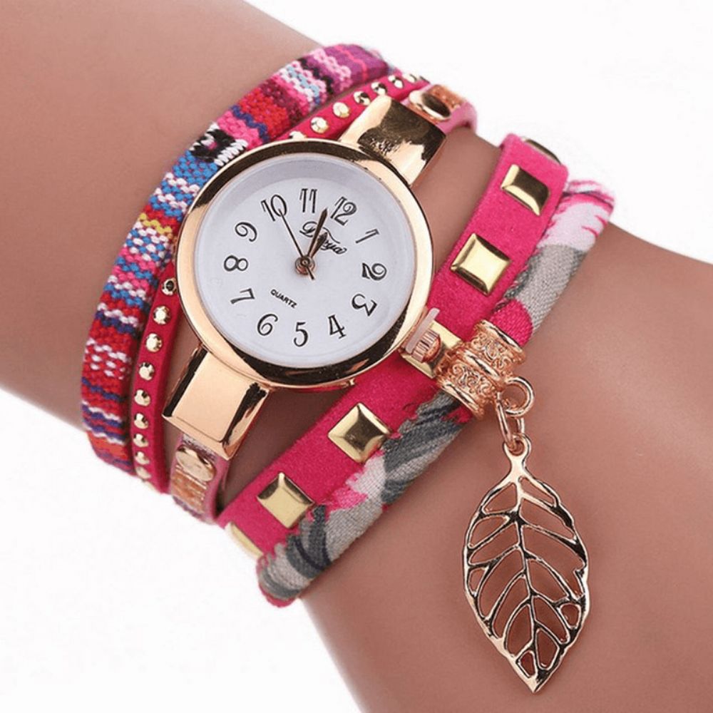 Duoya Dy066 Dames Armband Horloge Blad Stof Retro Stijl Quartz Horloges