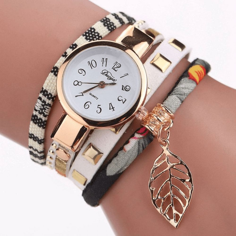 Duoya Dy066 Dames Armband Horloge Blad Stof Retro Stijl Quartz Horloges