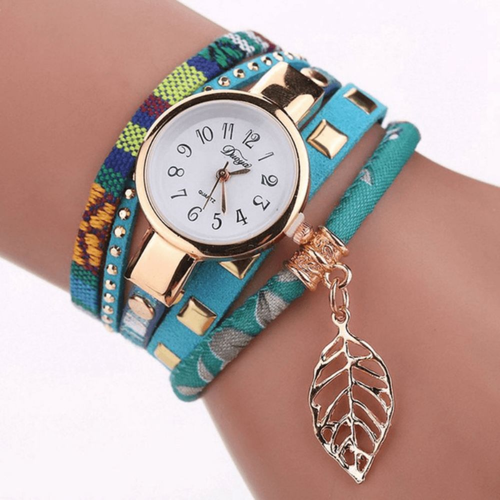 Duoya Dy066 Dames Armband Horloge Blad Stof Retro Stijl Quartz Horloges