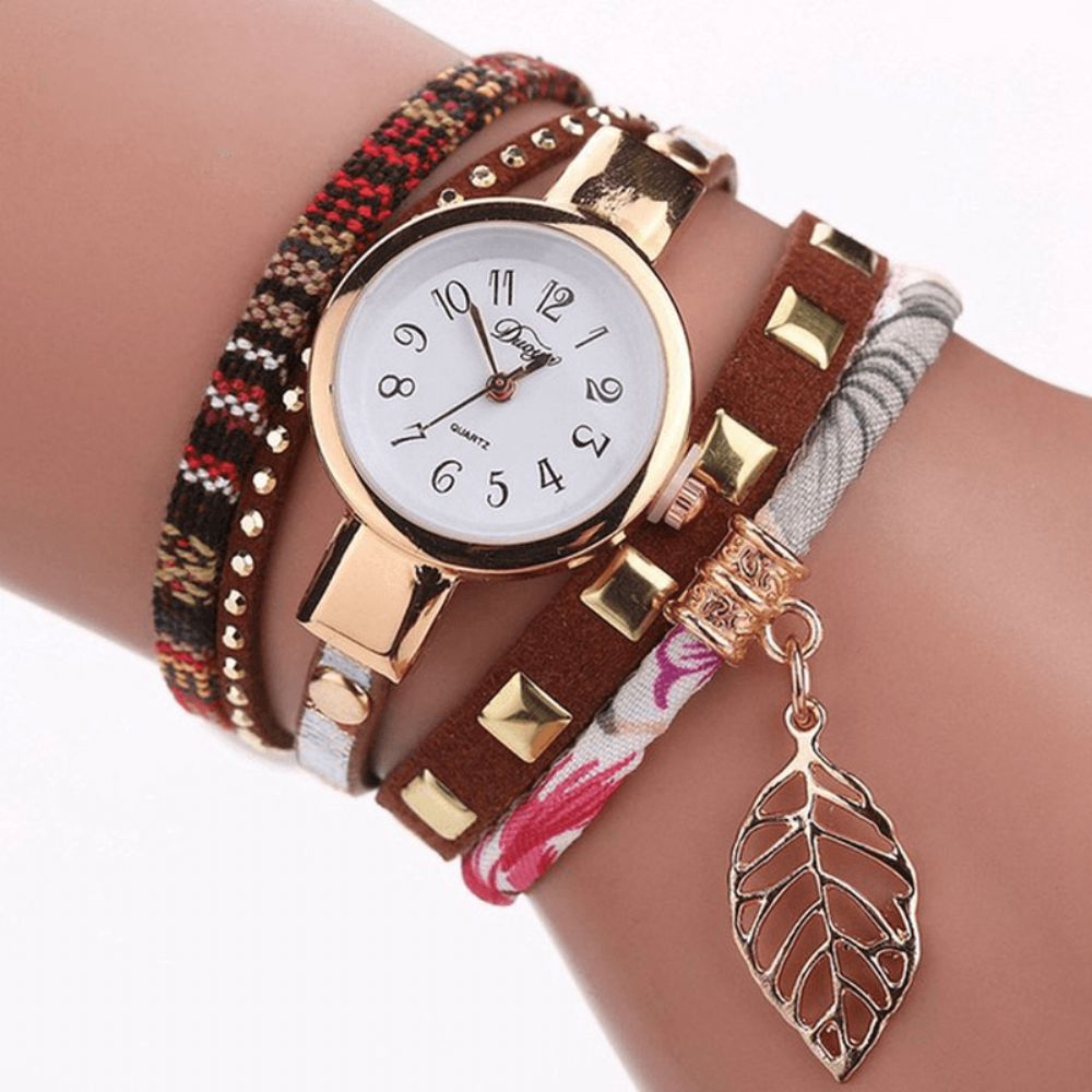 Duoya Dy066 Dames Armband Horloge Blad Stof Retro Stijl Quartz Horloges