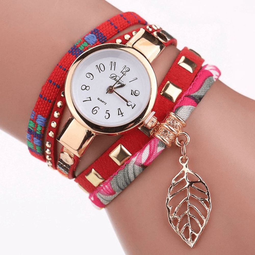 Duoya Dy066 Dames Armband Horloge Blad Stof Retro Stijl Quartz Horloges