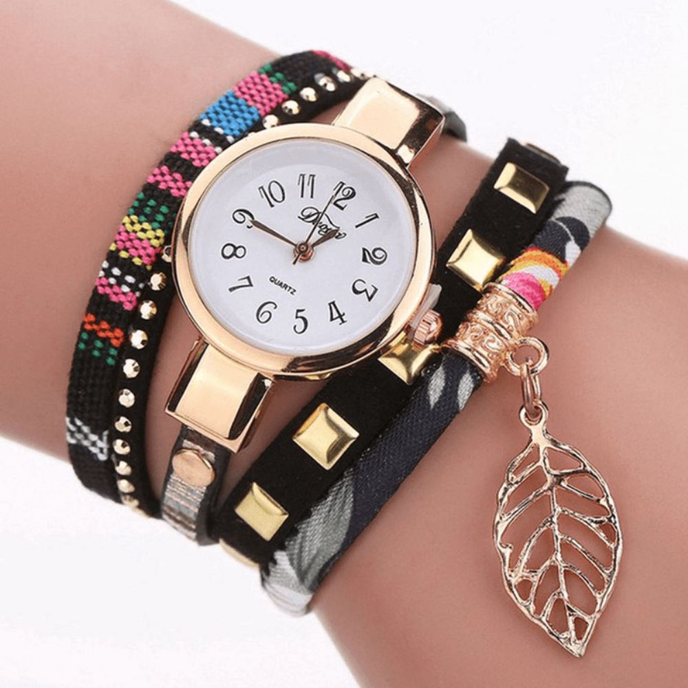 Duoya Dy066 Dames Armband Horloge Blad Stof Retro Stijl Quartz Horloges