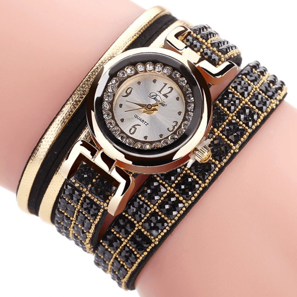 Duoya Mode Style Lederen Band Armband Winding Steentjes Wijzerplaat Quartz Moement Dameshorloges