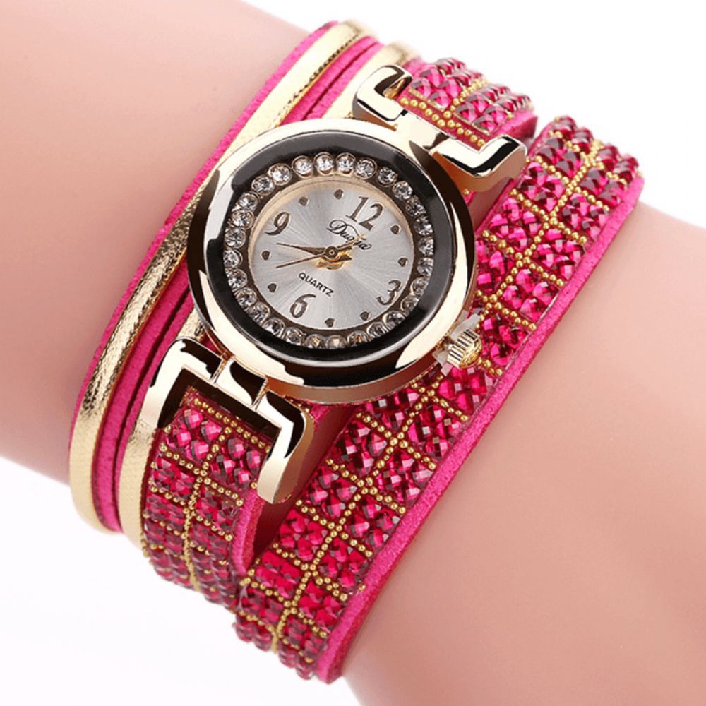 Duoya Mode Style Lederen Band Armband Winding Steentjes Wijzerplaat Quartz Moement Dameshorloges